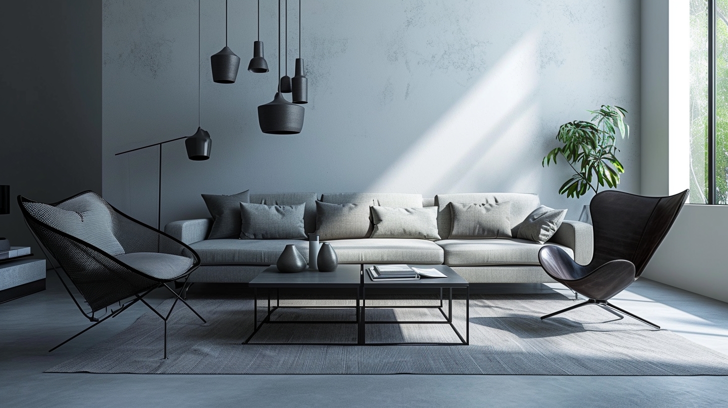 人工智能和家具搭配的新时尚：干净线条的沙发、功能性咖啡桌和极简主义设计